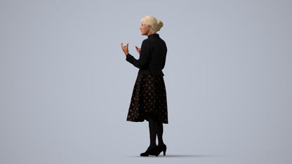 realistic 3D senior woman business standing, scanned archviz people for Blender and 3ds Max, three-quarter view render