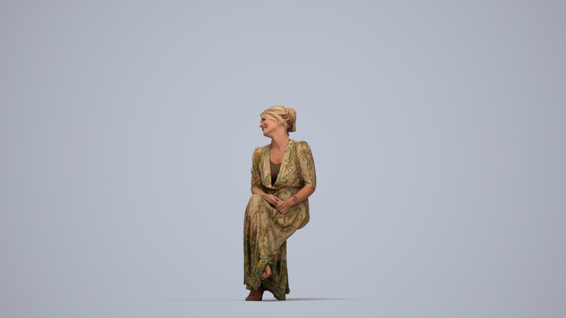 3D scanned woman sitting casual, photorealistic archviz people for Enscape and SketchUp, top-down view render