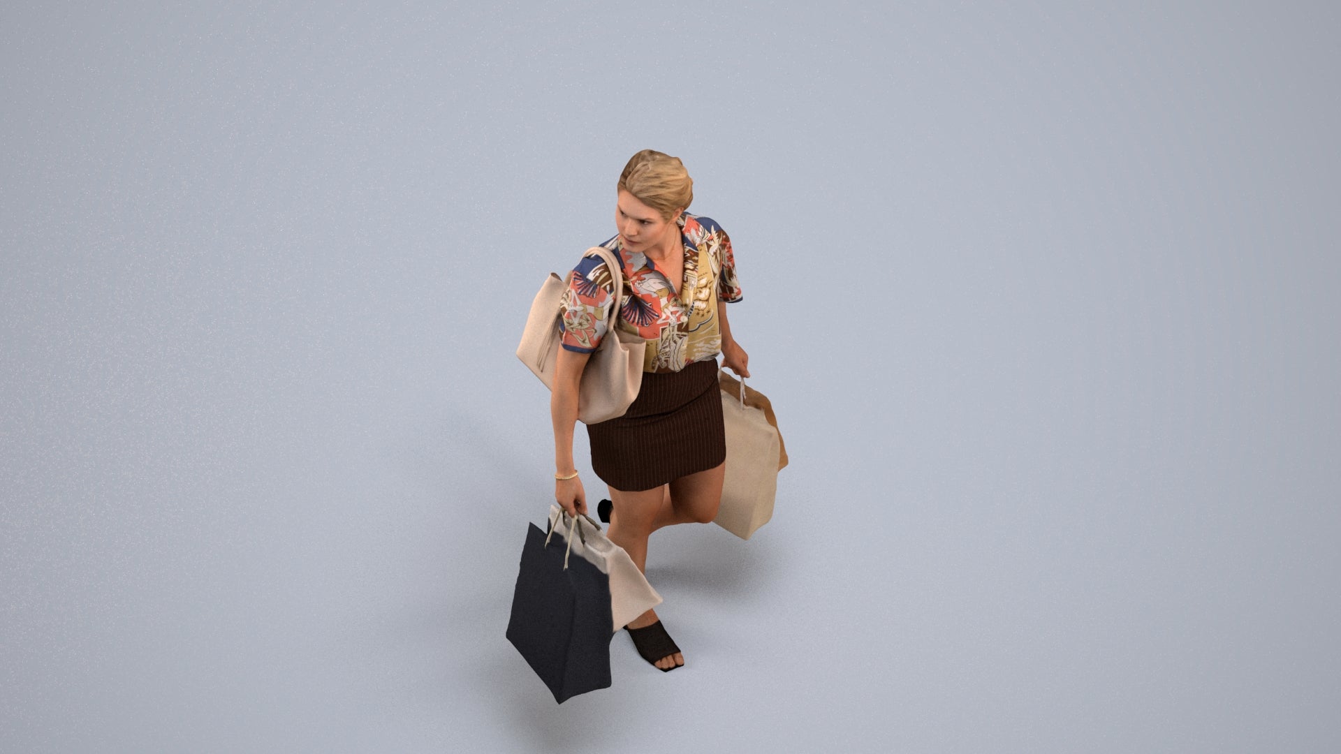 realistic 3D woman casual shopping, scanned archviz people for Blender and 3ds Max, back view render