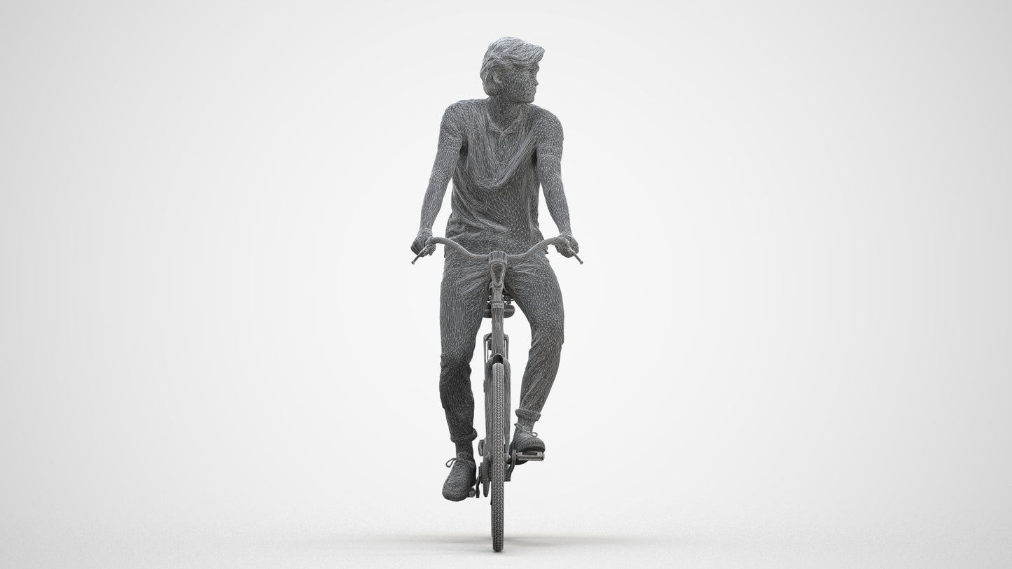 realistic 3D man casual cycling, scanned archviz people for Blender and 3ds Max, three-quarter front view render