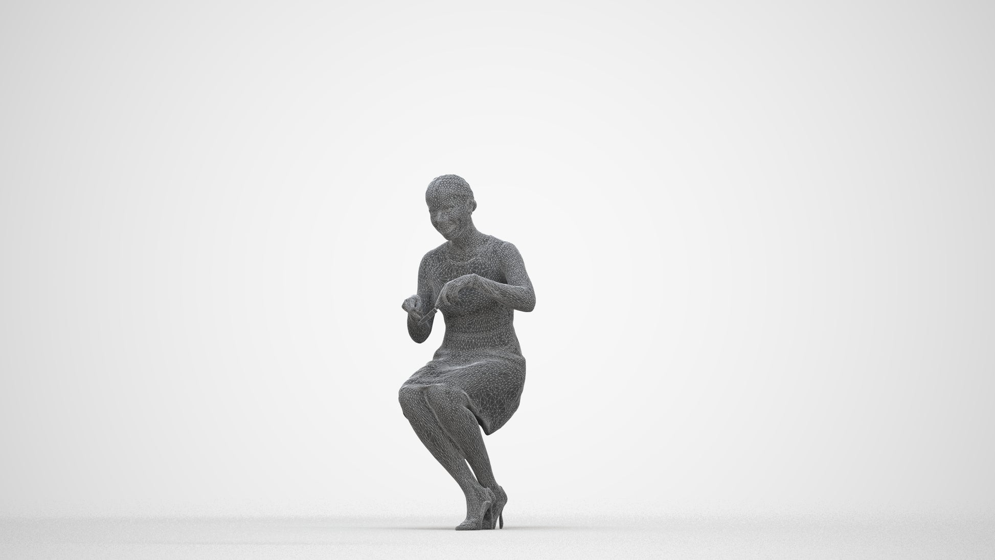 scanned 3D woman casual sitting, photogrammetry people for Enscape and V-Ray, wireframe back view