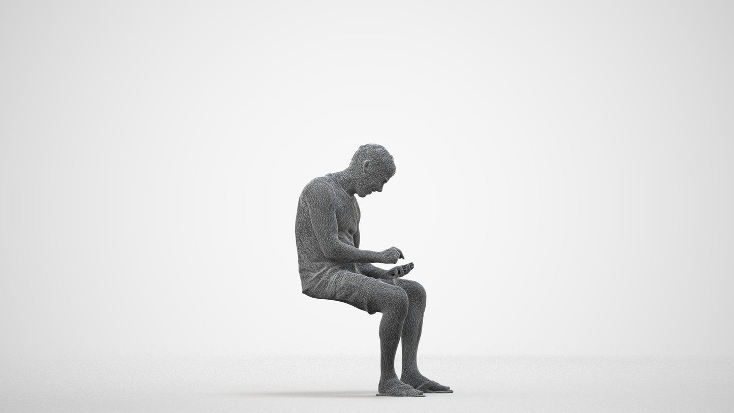 scanned 3D man casual sitting, photogrammetry people for Enscape and V-Ray, wireframe side view