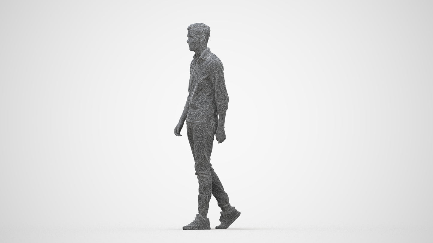 realistic 3D man casual walking, scanned archviz people for Blender and 3ds Max, wireframe back view