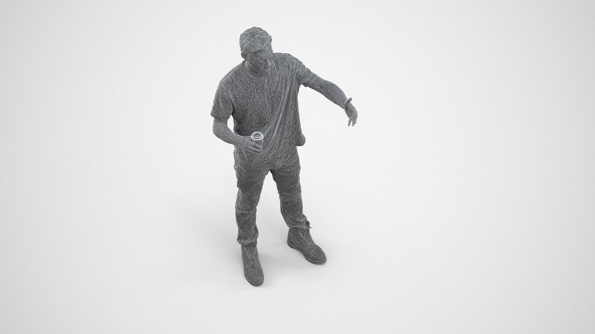 realistic 3D man casual standing, scanned archviz people for Blender and 3ds Max, wireframe three-quarter view