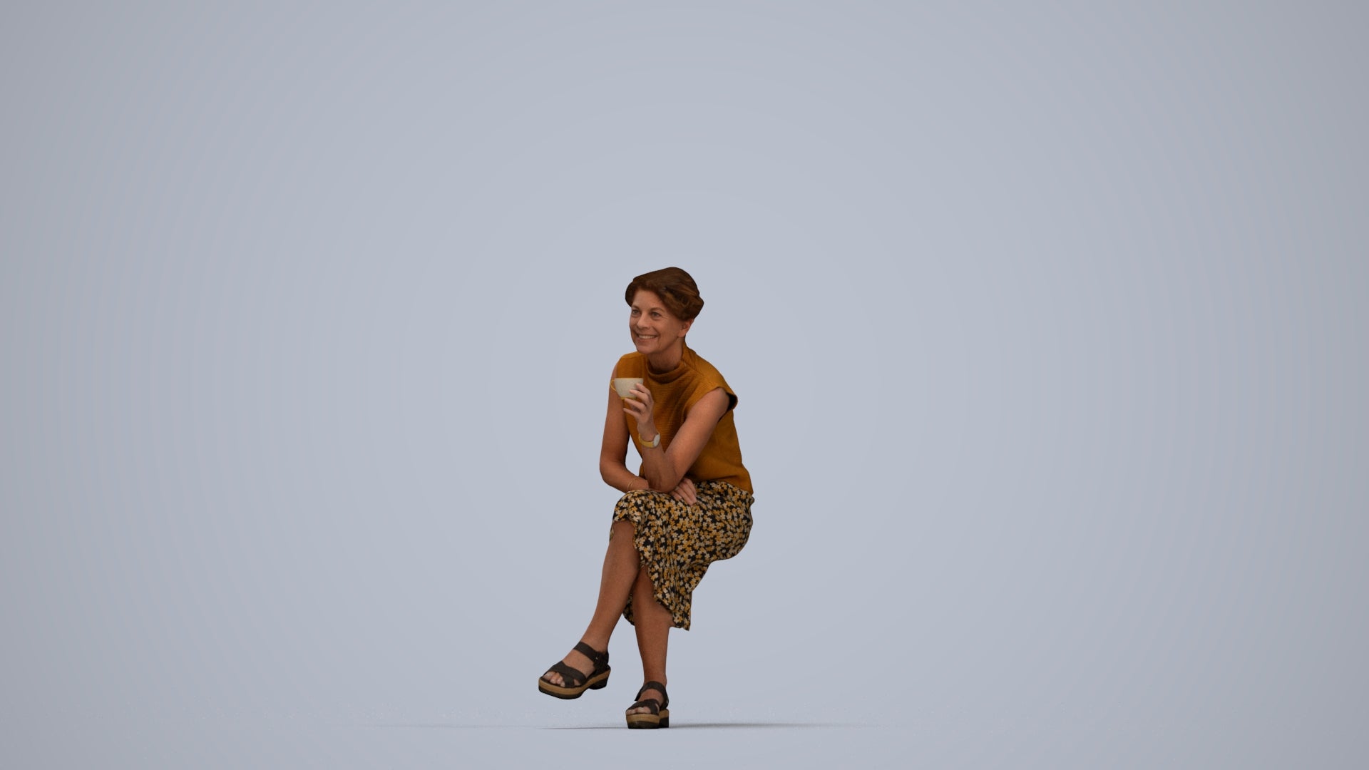 scanned 3D woman casual sitting, photogrammetry people for Enscape and V-Ray, top-down view render