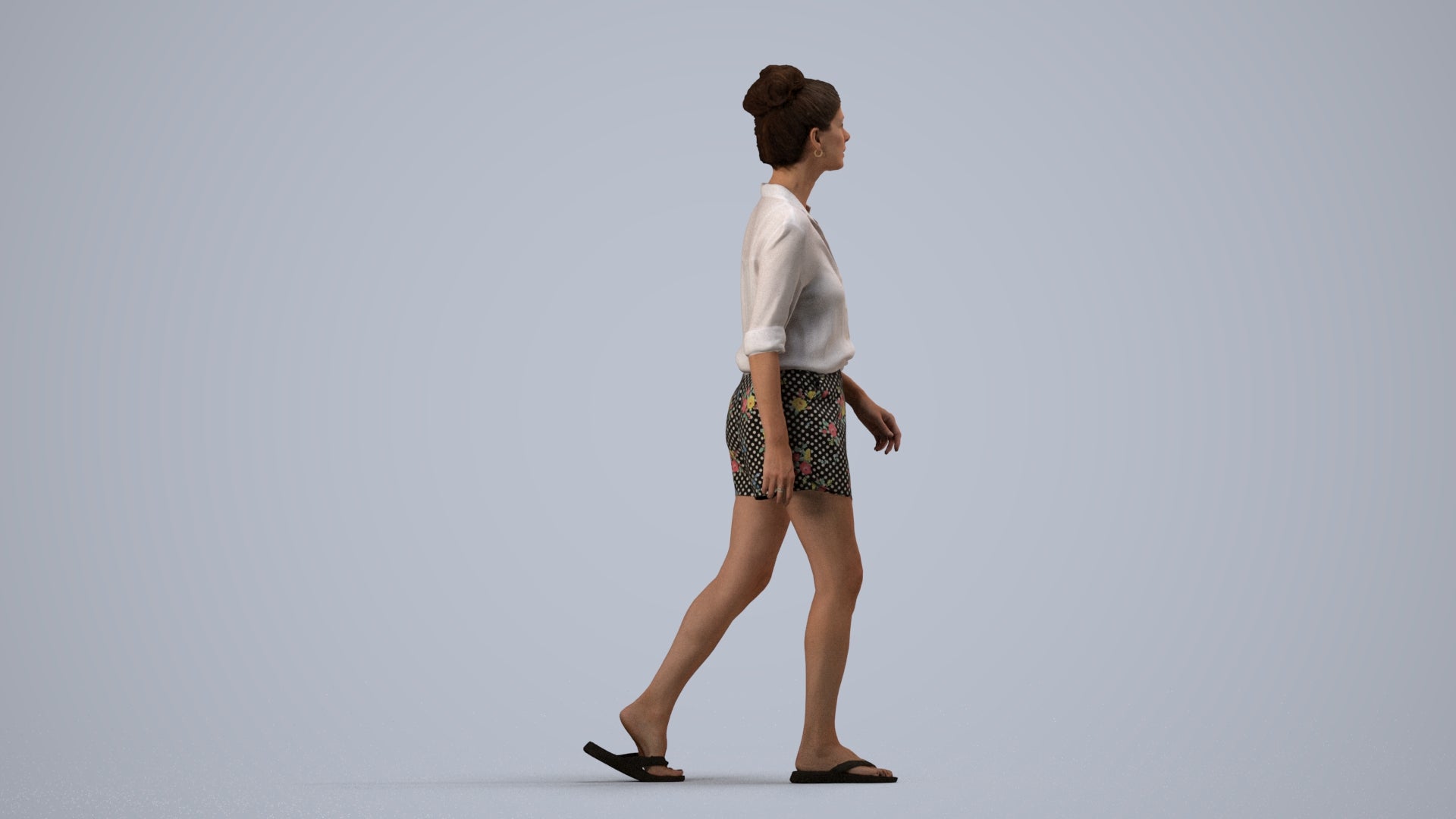 3D human model woman casual standing, photogrammetry scanned person for archviz, side view render