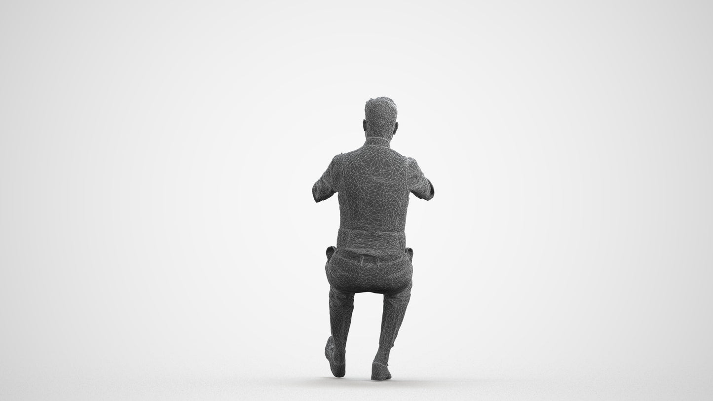 3D human model man casual driving, photogrammetry scanned person for archviz, wireframe front view