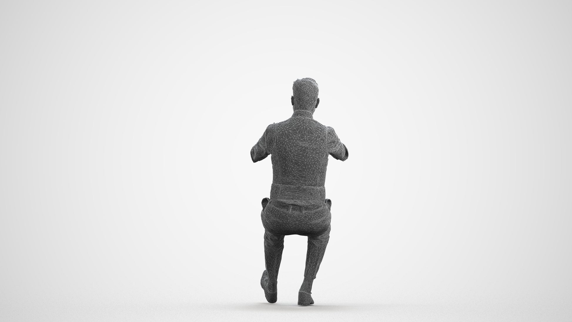 3D human model man casual driving, photogrammetry scanned person for archviz, wireframe front view
