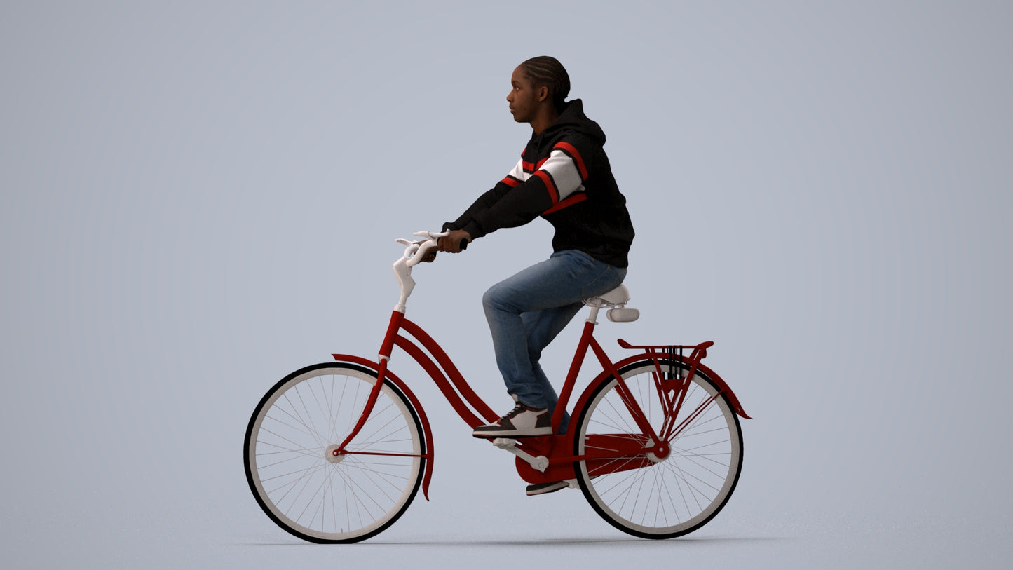 realistic 3D boy casual cycling, scanned archviz people for Blender and 3ds Max, three-quarter view render