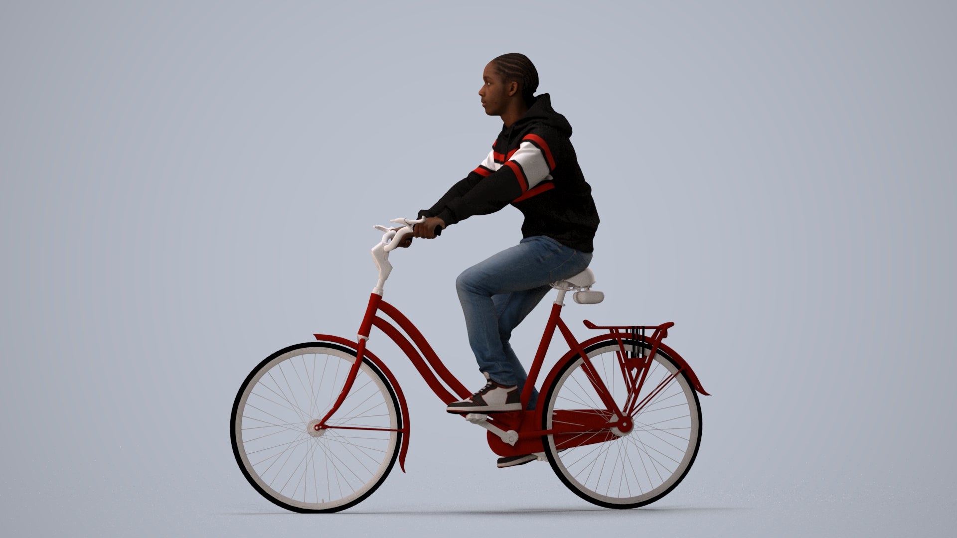 realistic 3D boy casual cycling, scanned archviz people for Blender and 3ds Max, three-quarter view render