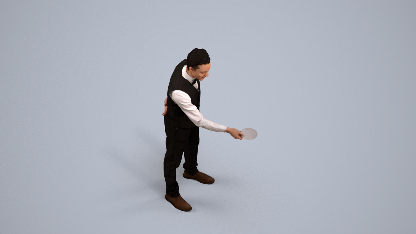 3D people model man hospitality, scanned human for 3ds Max rendering, back view render