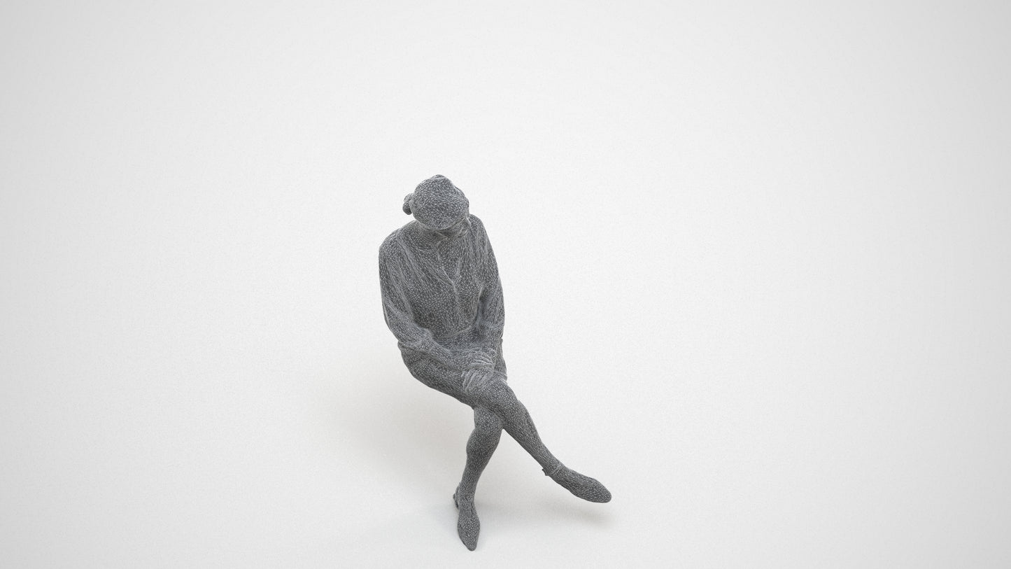 realistic 3D senior woman business sitting, scanned archviz people for Blender and 3ds Max, wireframe three-quarter view