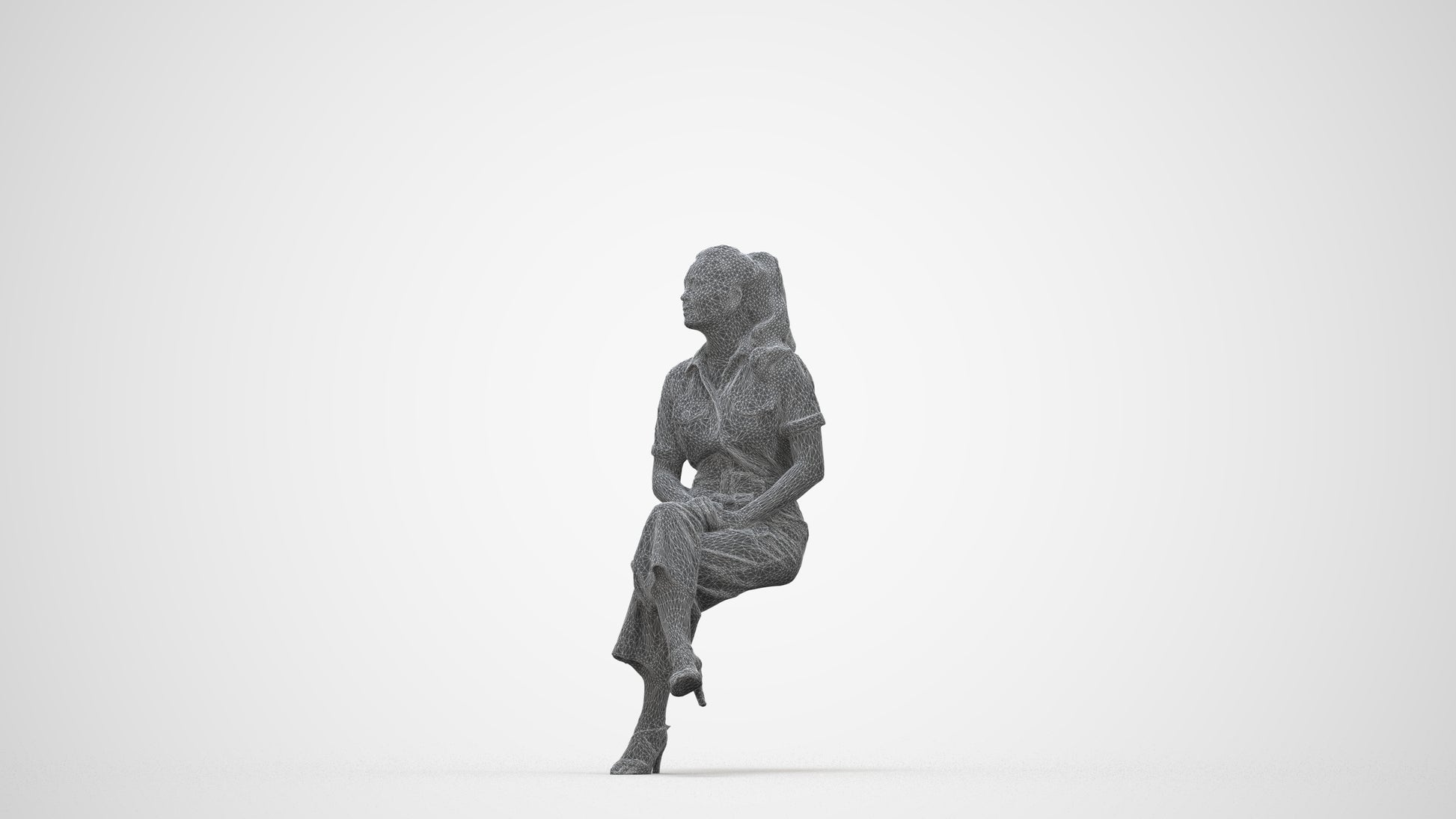 3D scanned woman sitting formal, photorealistic archviz people for Enscape and SketchUp, wireframe back view