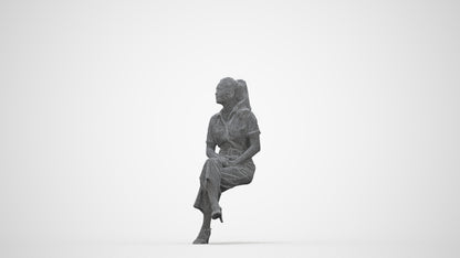 3D scanned woman sitting formal, photorealistic archviz people for Enscape and SketchUp, wireframe back view