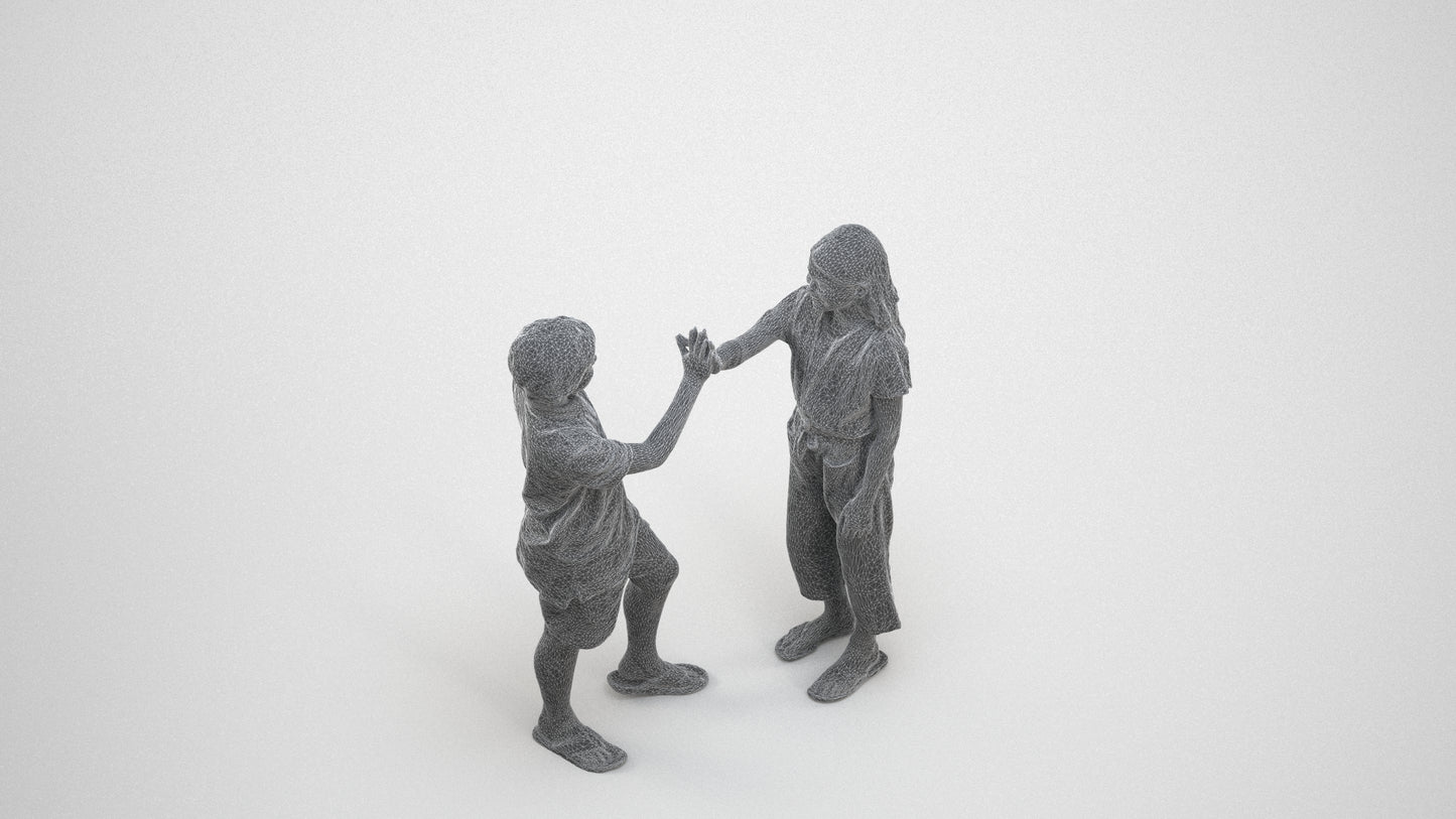 3D people model girl kids, scanned human for 3ds Max rendering, wireframe three-quarter view