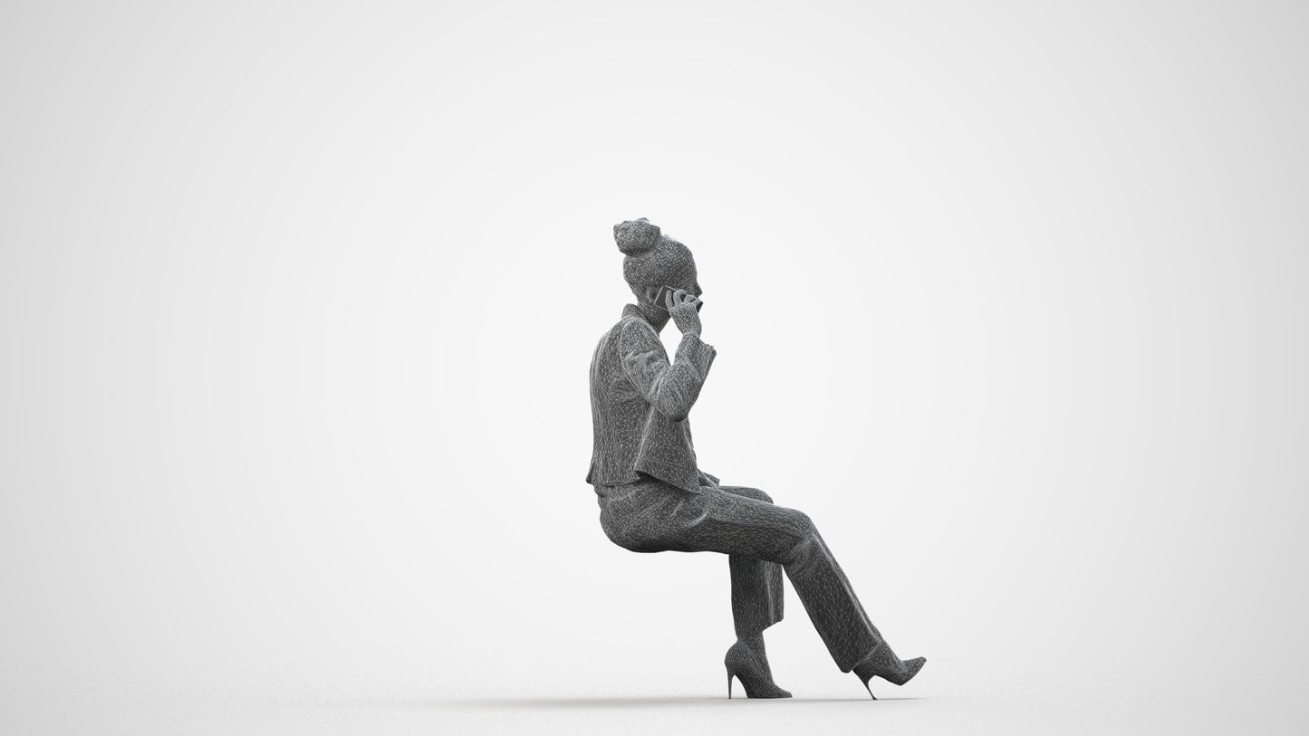 3D human model woman business sitting, photogrammetry scanned person for archviz, wireframe side view