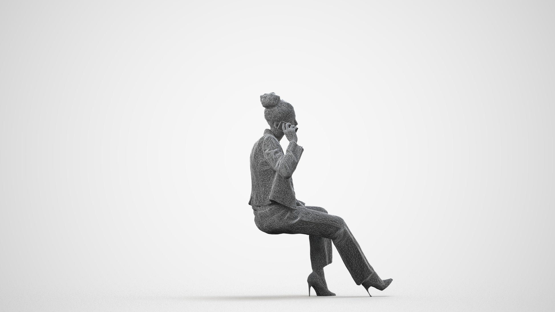 3D human model woman business sitting, photogrammetry scanned person for archviz, wireframe side view