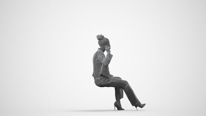 3D human model woman business sitting, photogrammetry scanned person for archviz, wireframe side view