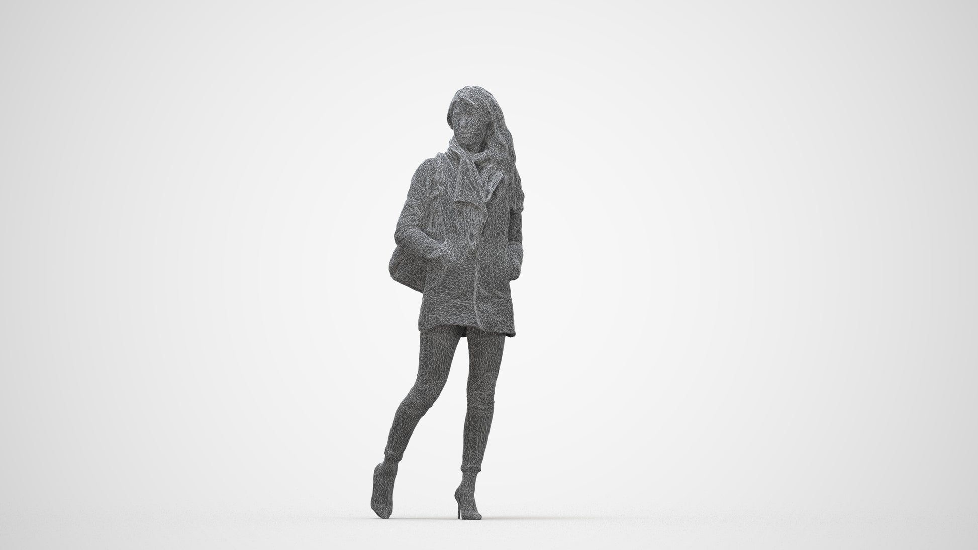 3D people model woman casual walking, scanned human for 3ds Max rendering, wireframe back view