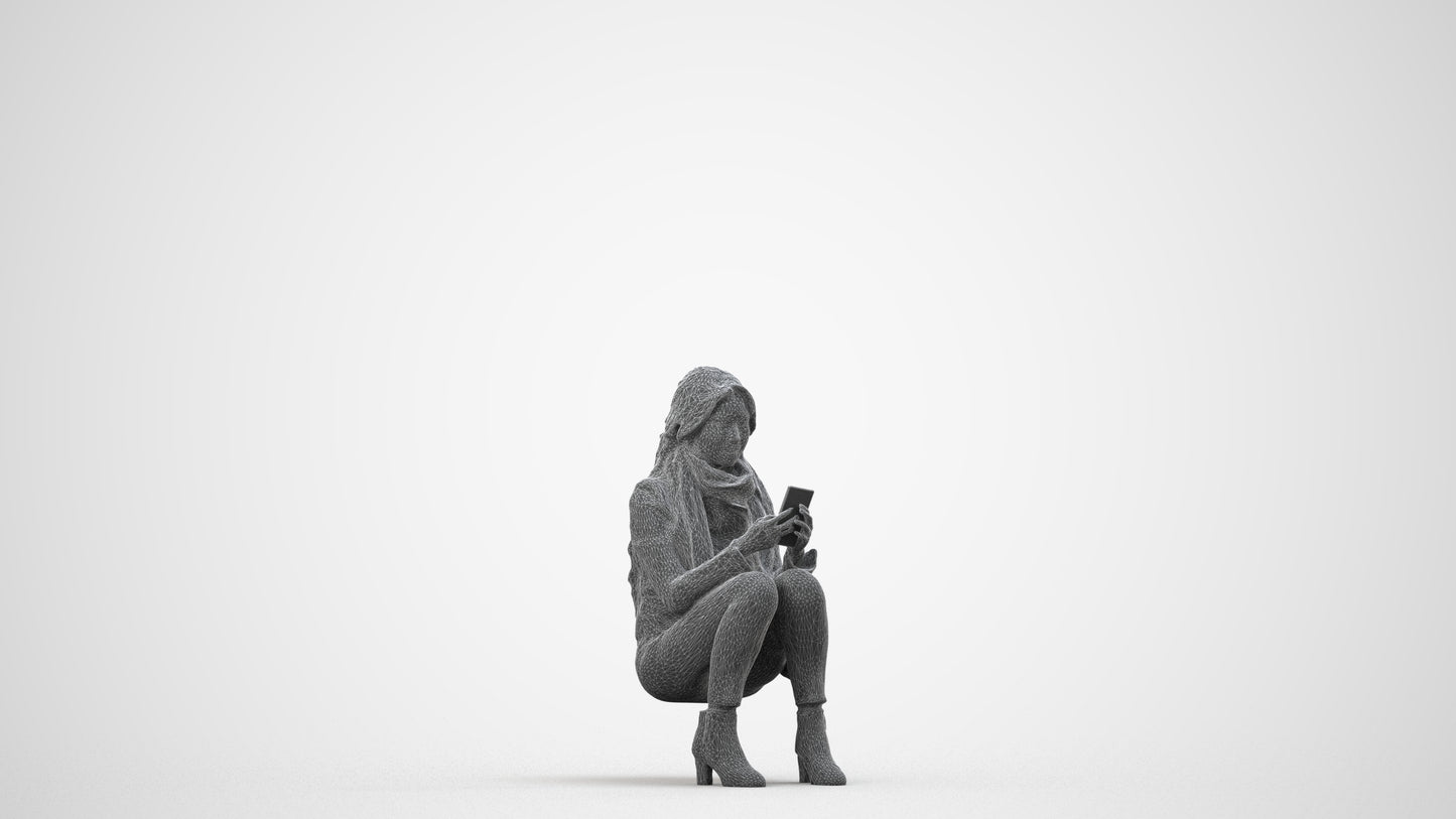 photogrammetry 3D woman casual sitting, realistic human model archviz FBX, wireframe side view