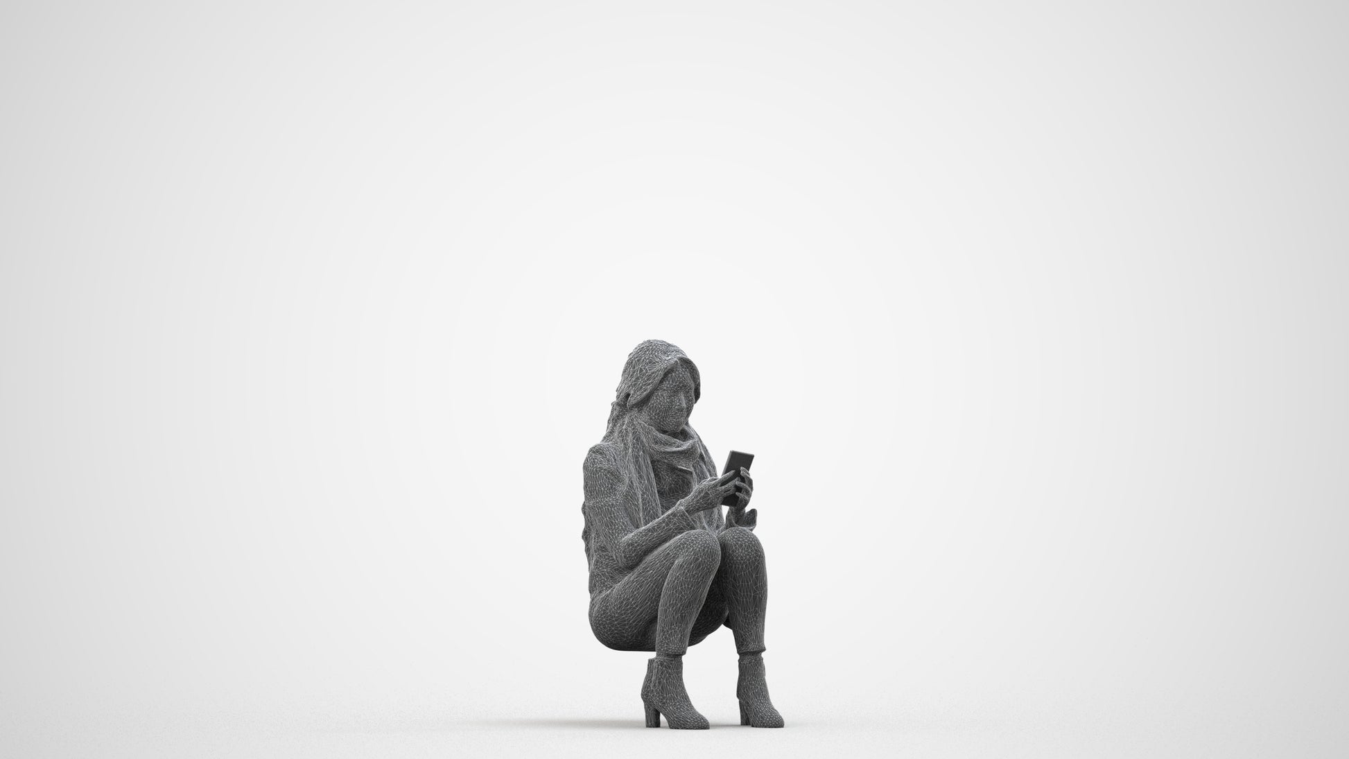 photogrammetry 3D woman casual sitting, realistic human model archviz FBX, wireframe side view