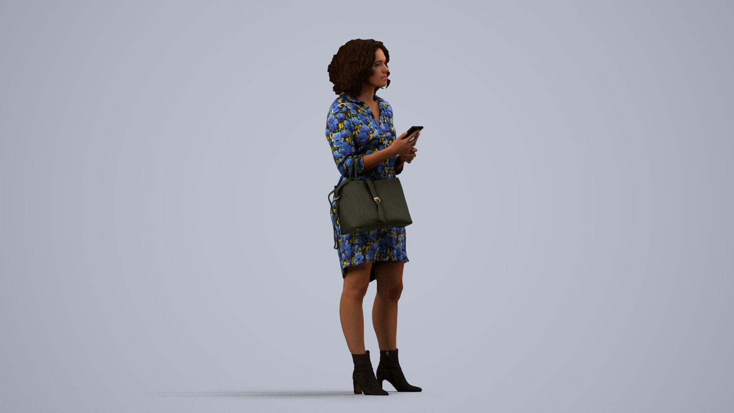 3D scanned woman standing casual, photorealistic archviz people for Enscape and SketchUp, side view render