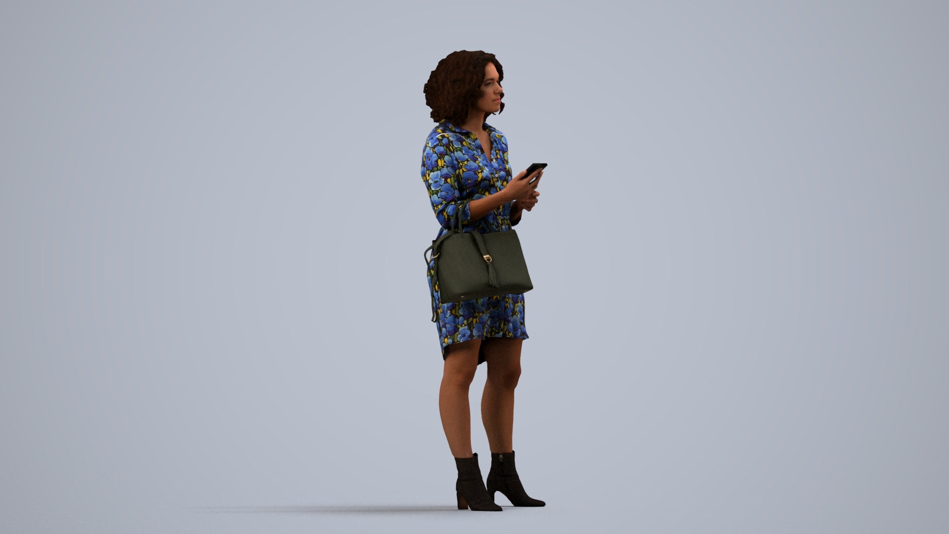 3D scanned woman standing casual, photorealistic archviz people for Enscape and SketchUp, side view render