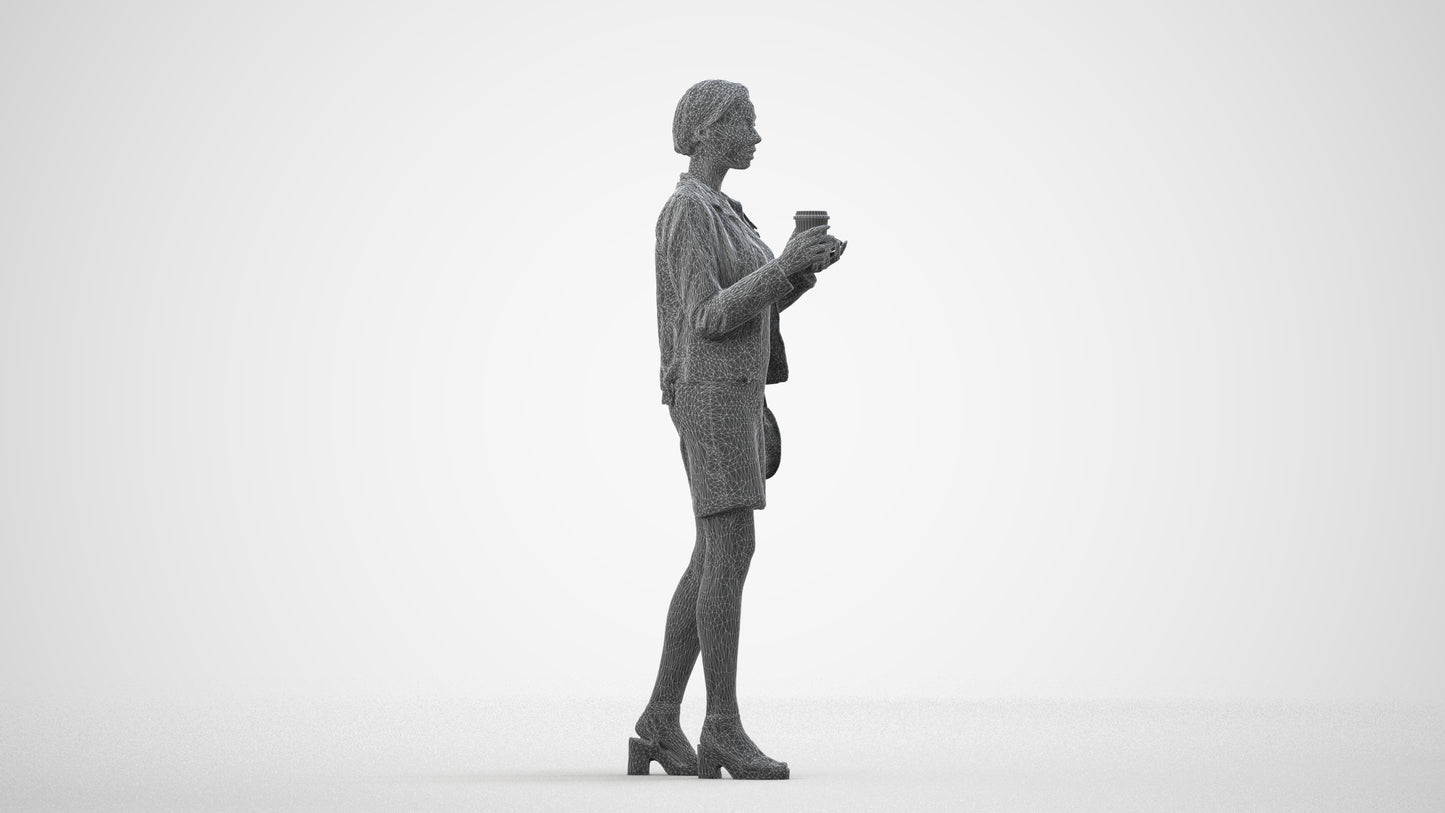 realistic 3D people woman casual standing, render-ready for V-Ray and Corona, FBX OBJ, wireframe side view