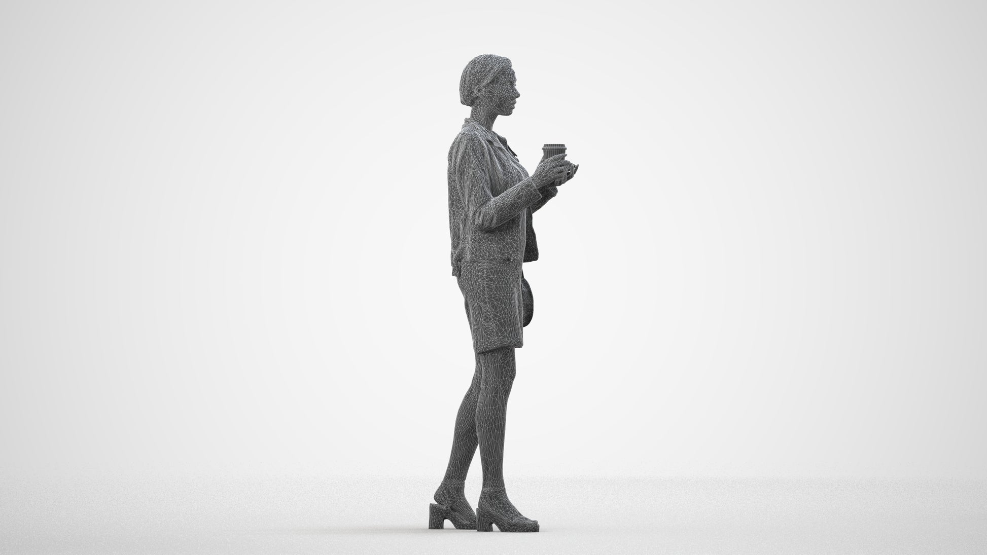 realistic 3D people woman casual standing, render-ready for V-Ray and Corona, FBX OBJ, wireframe side view