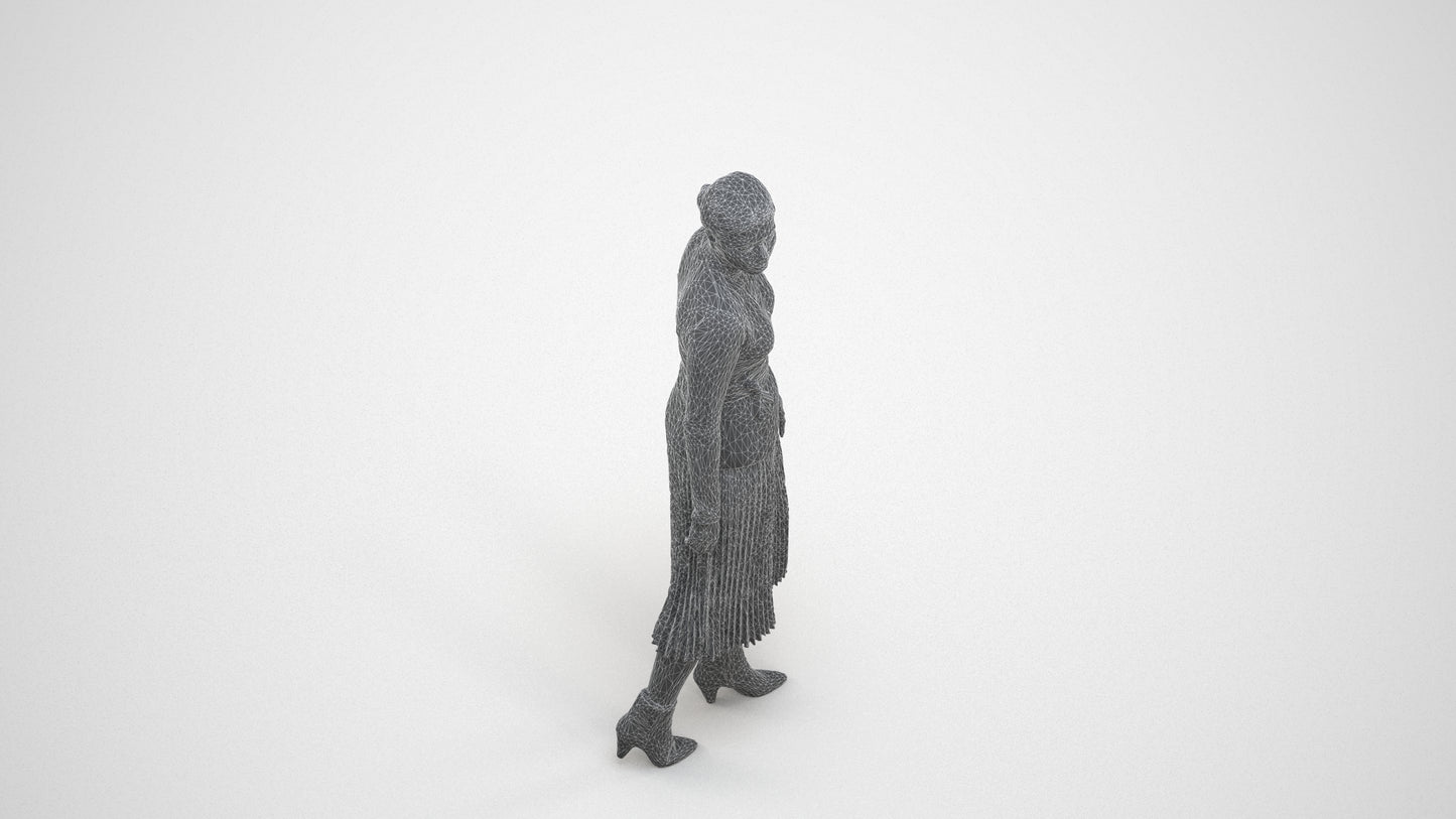 realistic 3D human woman casual walking, archviz people FBX OBJ for Blender, wireframe three-quarter view