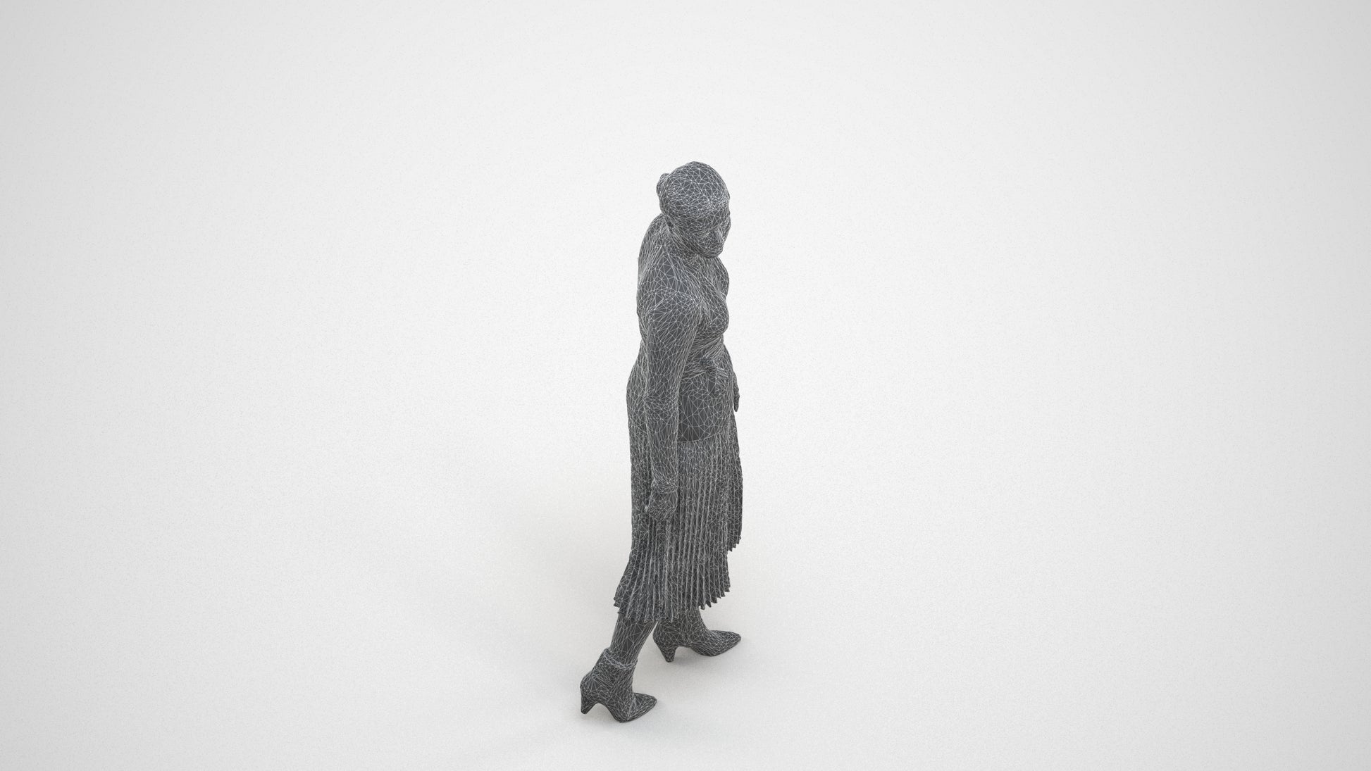realistic 3D human woman casual walking, archviz people FBX OBJ for Blender, wireframe three-quarter view