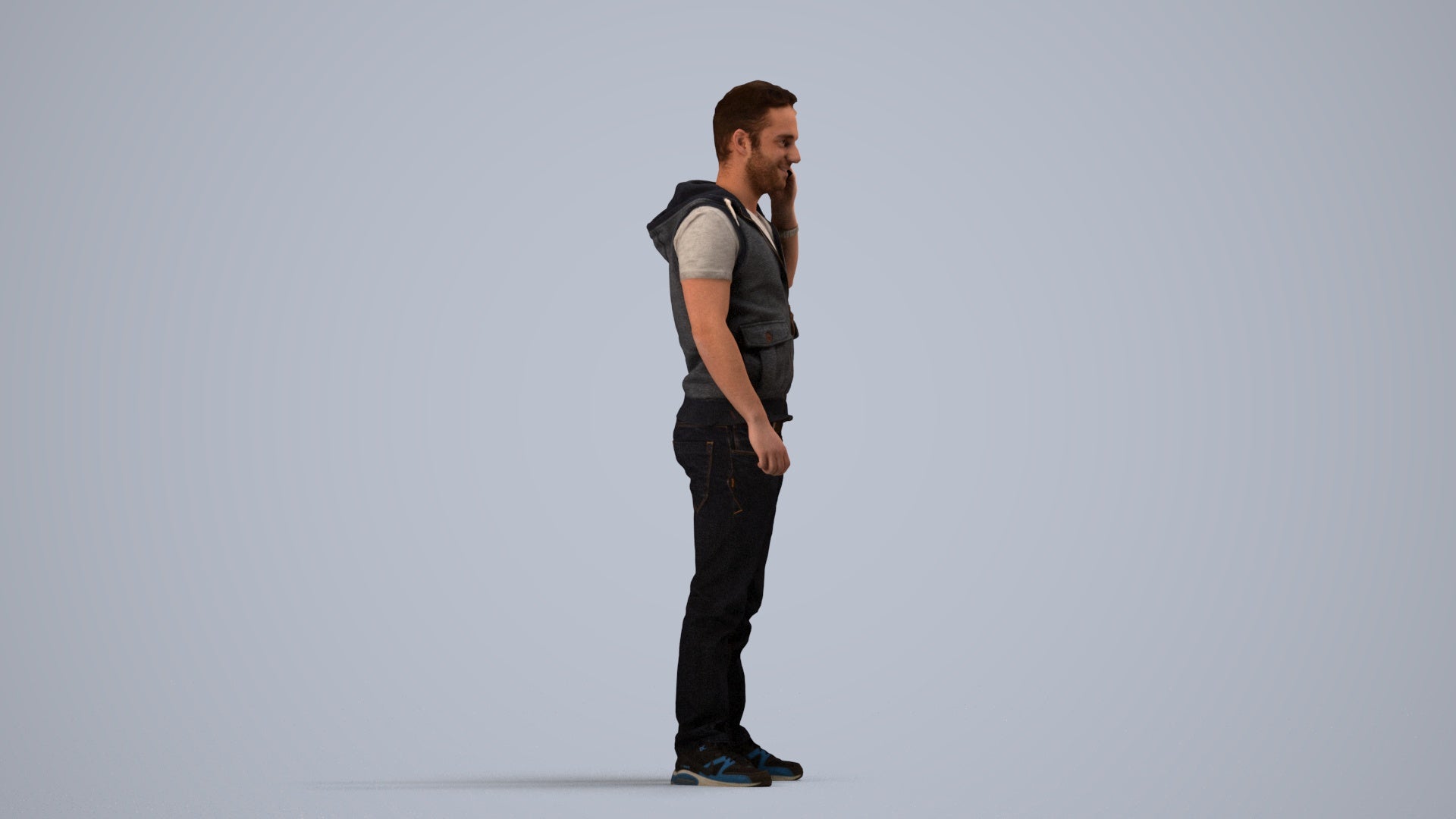 3D human model man casual standing, photogrammetry scanned person for archviz, side view render