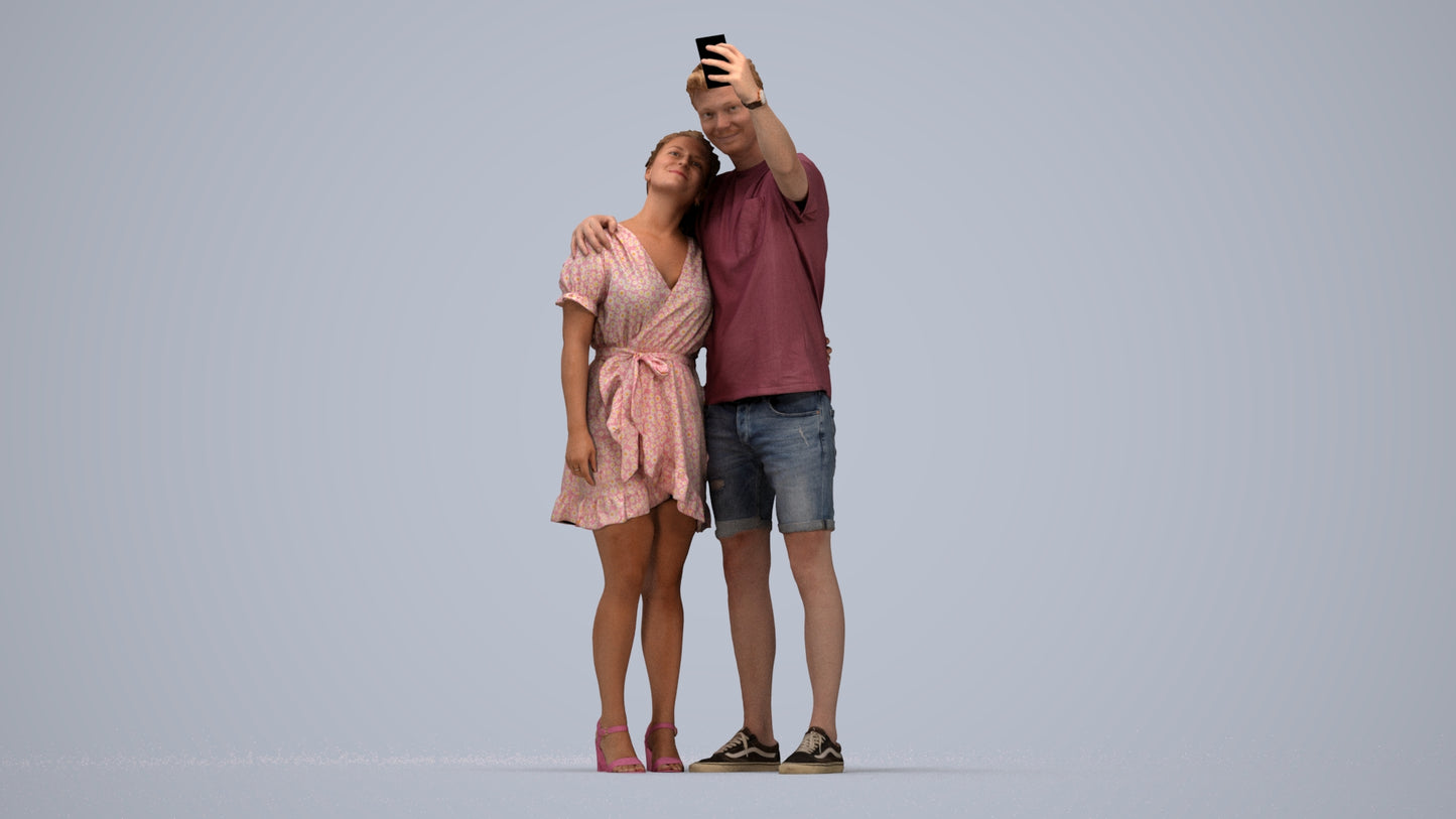 3D scanned woman couple casual, photorealistic archviz people for Enscape and SketchUp, top-down view render