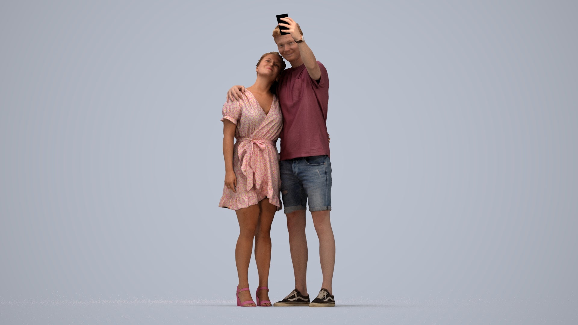 3D scanned woman couple casual, photorealistic archviz people for Enscape and SketchUp, top-down view render