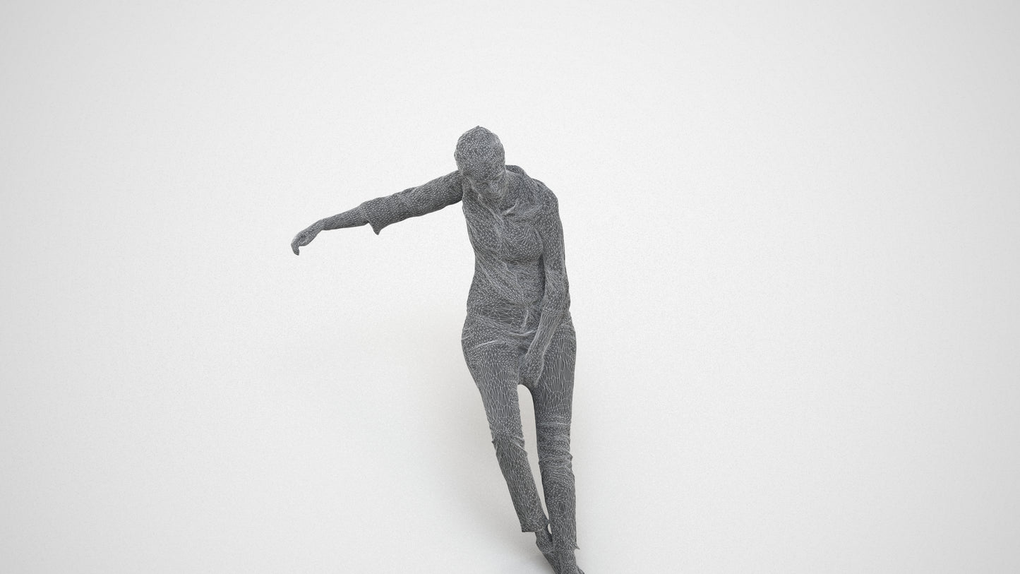 realistic 3D woman casual sitting, scanned archviz people for Blender and 3ds Max, wireframe three-quarter view