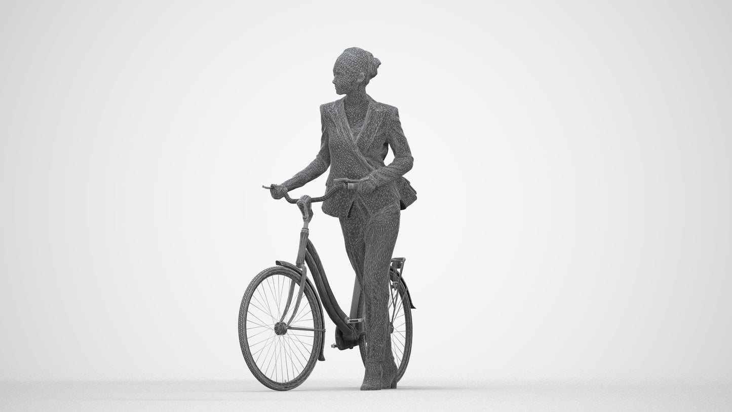 realistic 3D human woman business cycling, archviz people FBX OBJ for Blender, wireframe back view