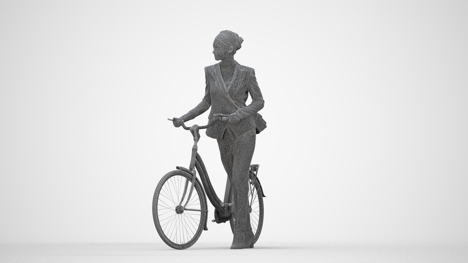 realistic 3D human woman business cycling, archviz people FBX OBJ for Blender, wireframe back view