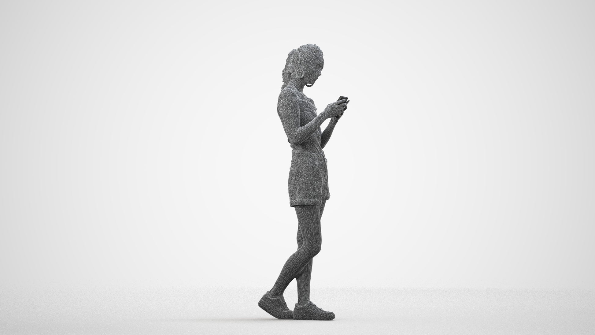 3D people model woman casual standing, scanned human for 3ds Max rendering, wireframe side view