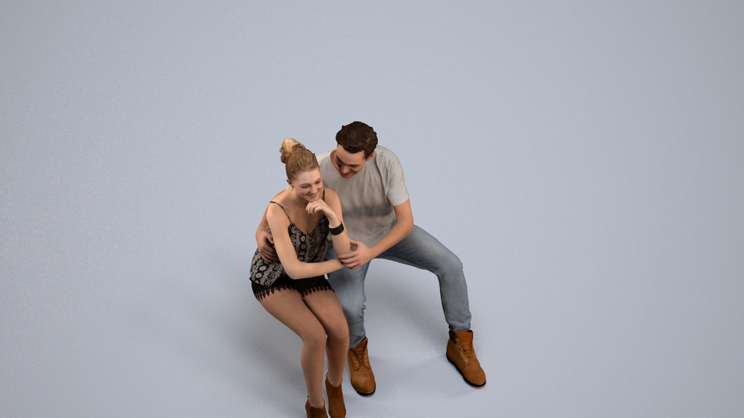 3D human model woman casual couple, photogrammetry scanned person for archviz, back view render