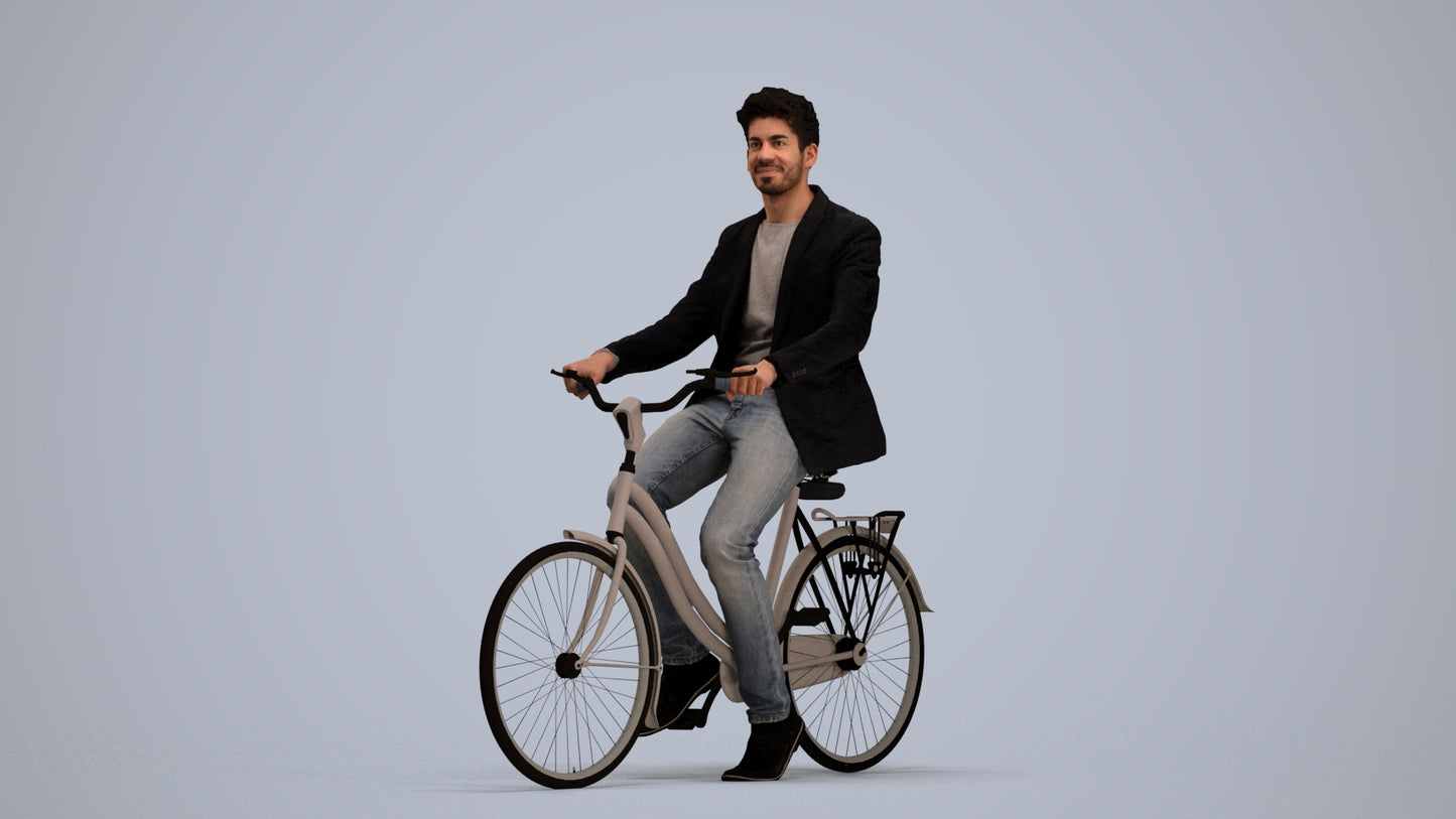 realistic 3D man casual cycling, scanned archviz people for Blender and 3ds Max, standing pose render