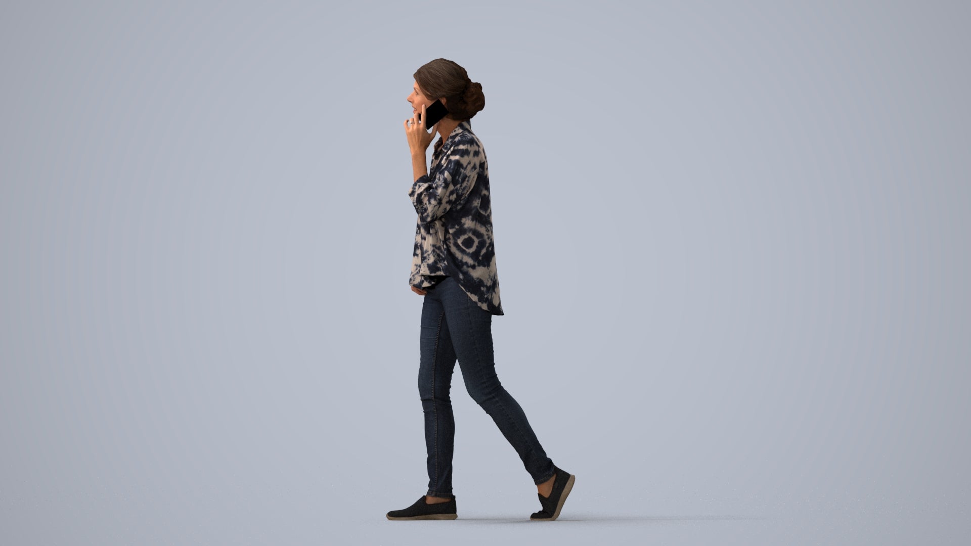 realistic 3D human woman casual walking, archviz people FBX OBJ for Blender, three-quarter view render