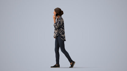 realistic 3D human woman casual walking, archviz people FBX OBJ for Blender, three-quarter view render