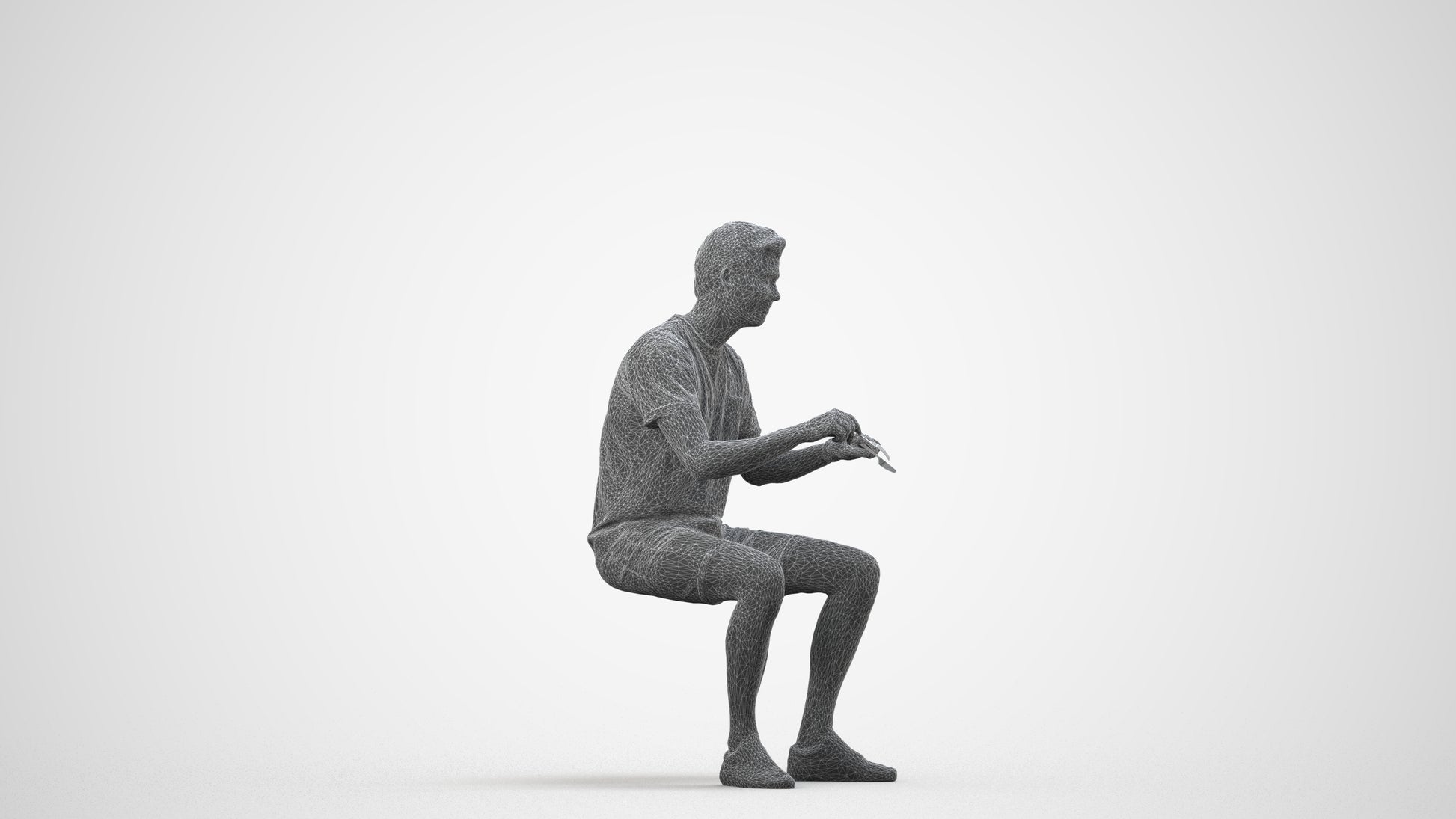 realistic 3D human man casual sitting, archviz people FBX OBJ for Blender, wireframe side view