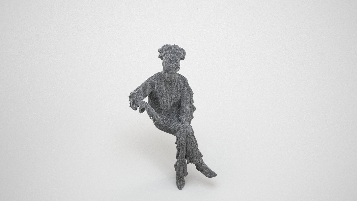 realistic 3D people woman casual sitting, render-ready for V-Ray and Corona, FBX OBJ, wireframe three-quarter view