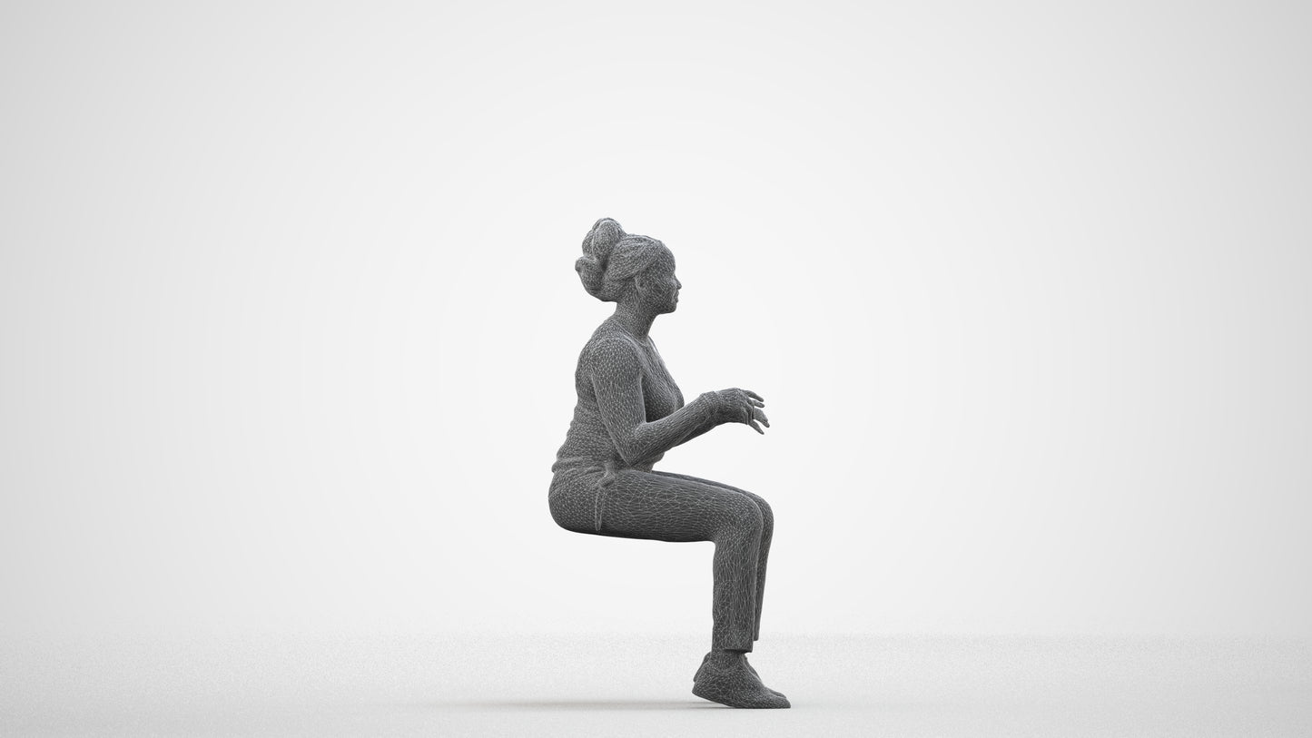 scanned 3D woman casual sitting, photogrammetry people for Enscape and V-Ray, wireframe side view