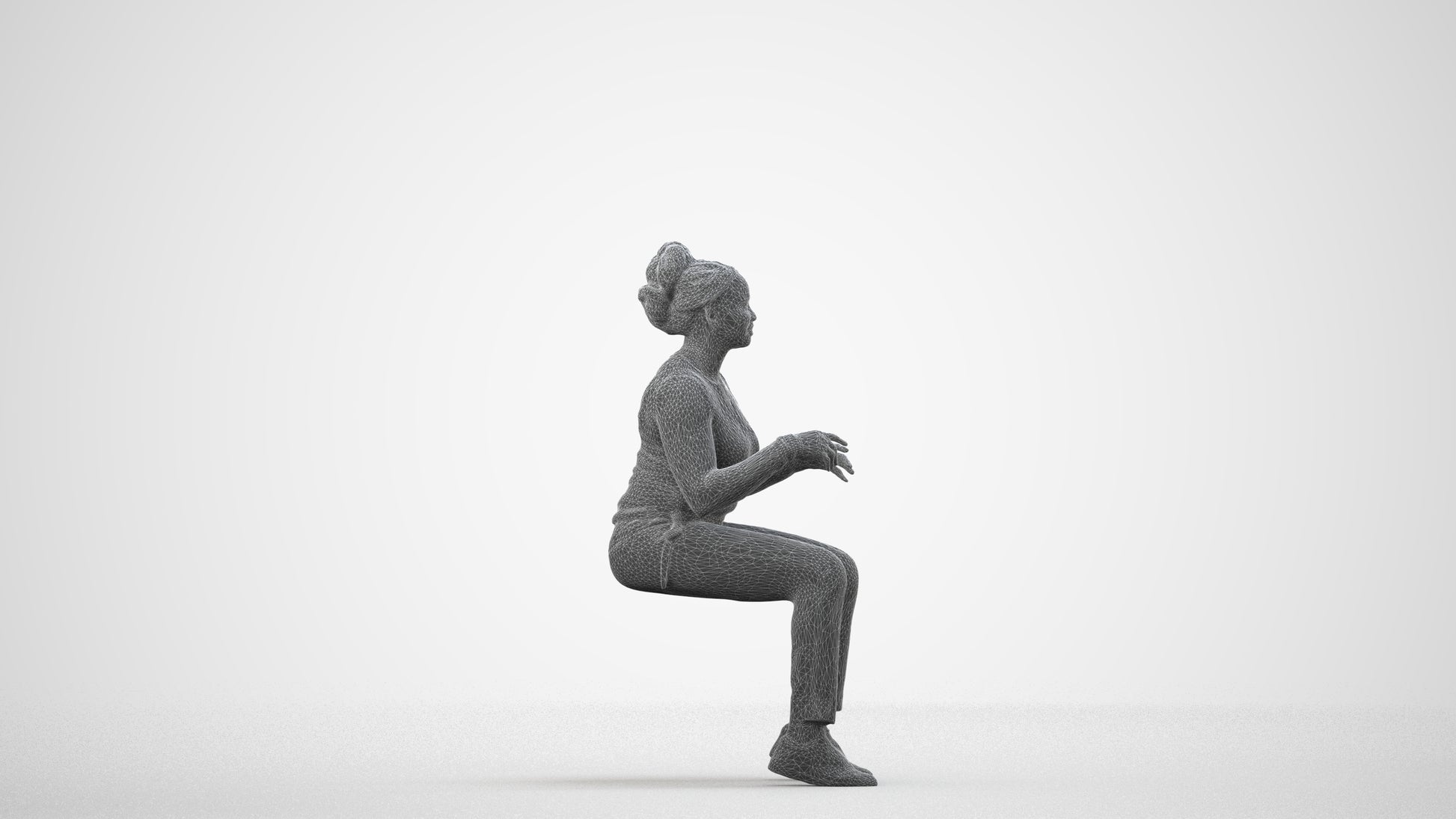 scanned 3D woman casual sitting, photogrammetry people for Enscape and V-Ray, wireframe side view