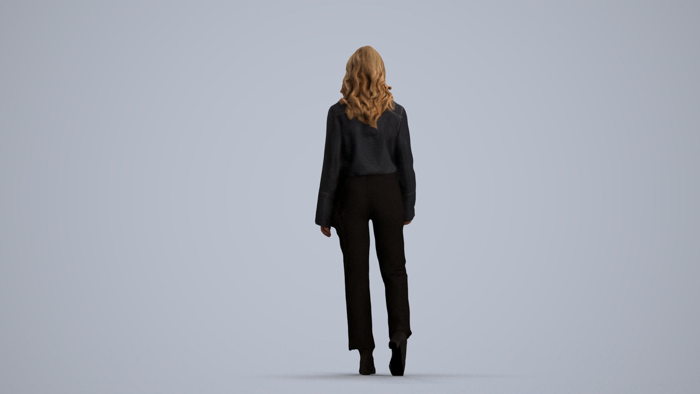 3D scanned woman walking business, photorealistic archviz people for Enscape and SketchUp, front view render