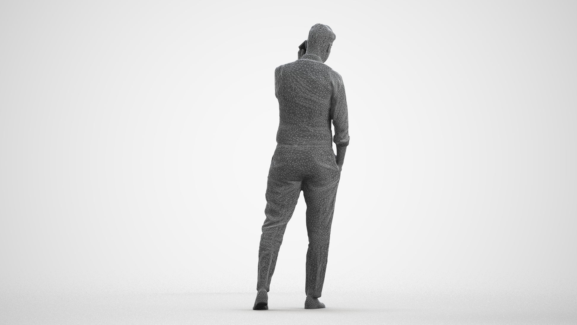 3D human model man business walking, photogrammetry scanned person for archviz, wireframe front view