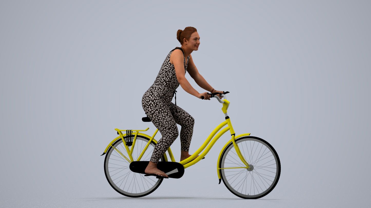 realistic 3D human woman casual cycling, archviz people FBX OBJ for Blender, side view render