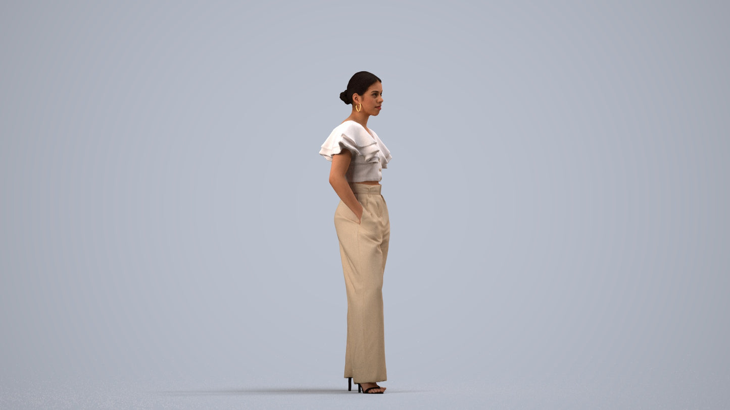 3D scanned woman standing business, photorealistic archviz people for Enscape and SketchUp, side view render